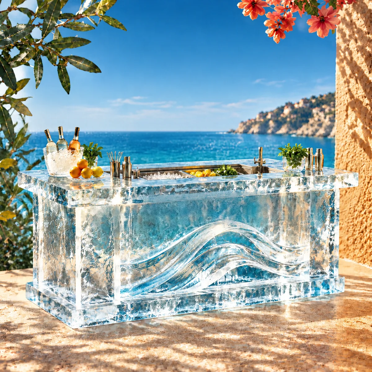 Bar sculpté dans la glace face à la mer